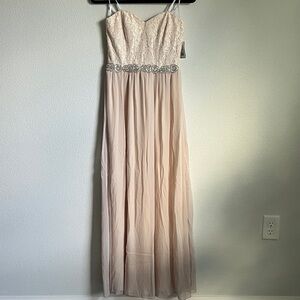 David's Bridal Cream Lace Maxi Dress with Embellished Waist